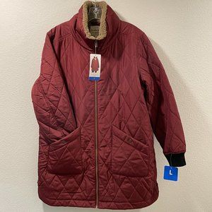 (NWT) WEATHERPROOF Quilted Parka Faux Sherpa Lined Zip Front, Wine Red - L
